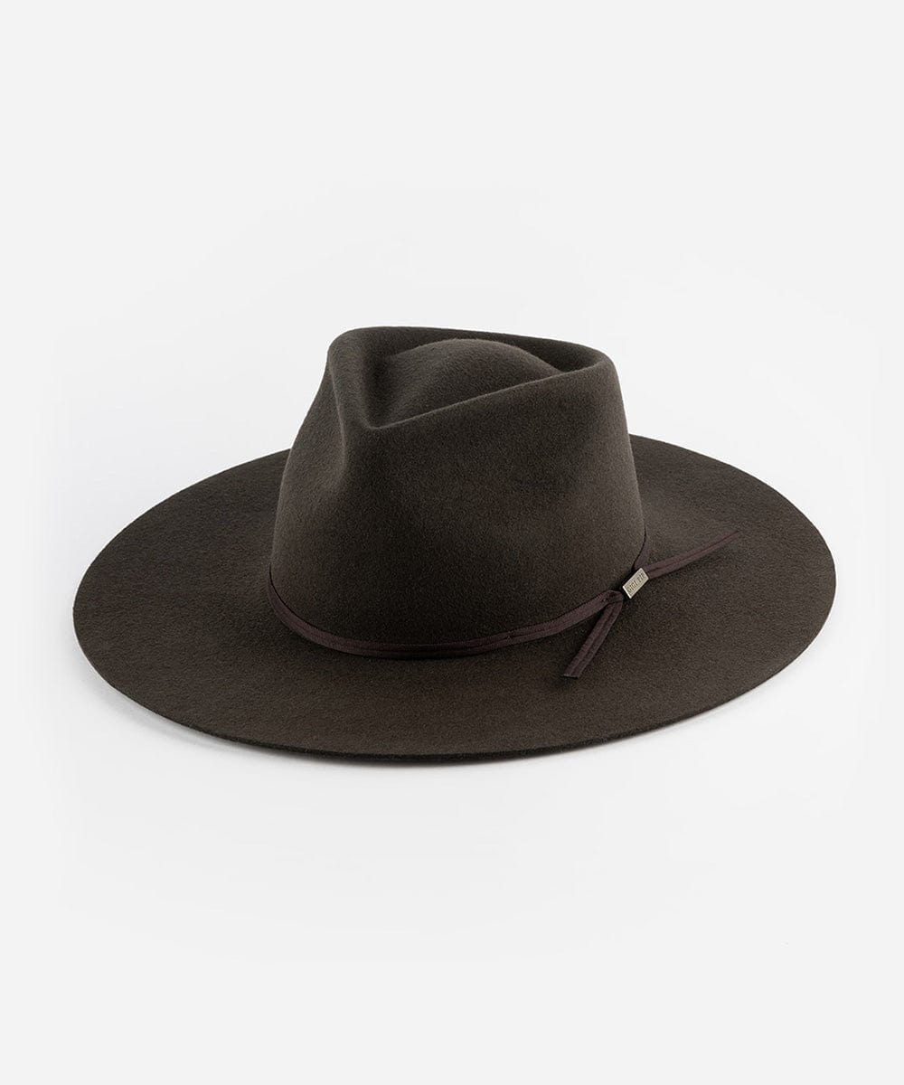 A dark brown Emery Teardrop Fedora Hat with a wide flat brim and a tonal grosgrain ribbon band. #color_dark brown