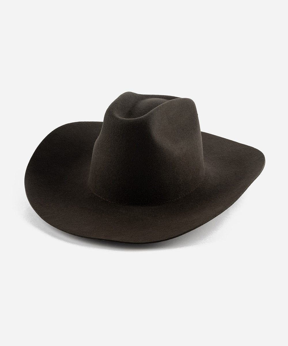 A dark brown cowboy hat with a stiff, traditional wide western brim and a brick top style crown. #color_dark brown