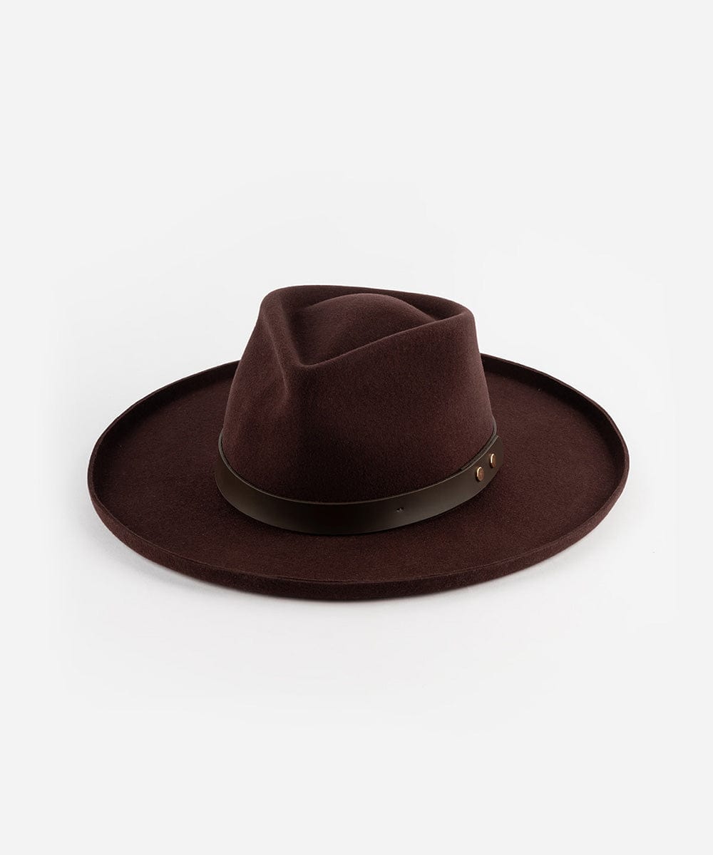A dark cherry colored felt fedora hat with a soft oiled leather band, displayed against a white background. #color_dark cherry