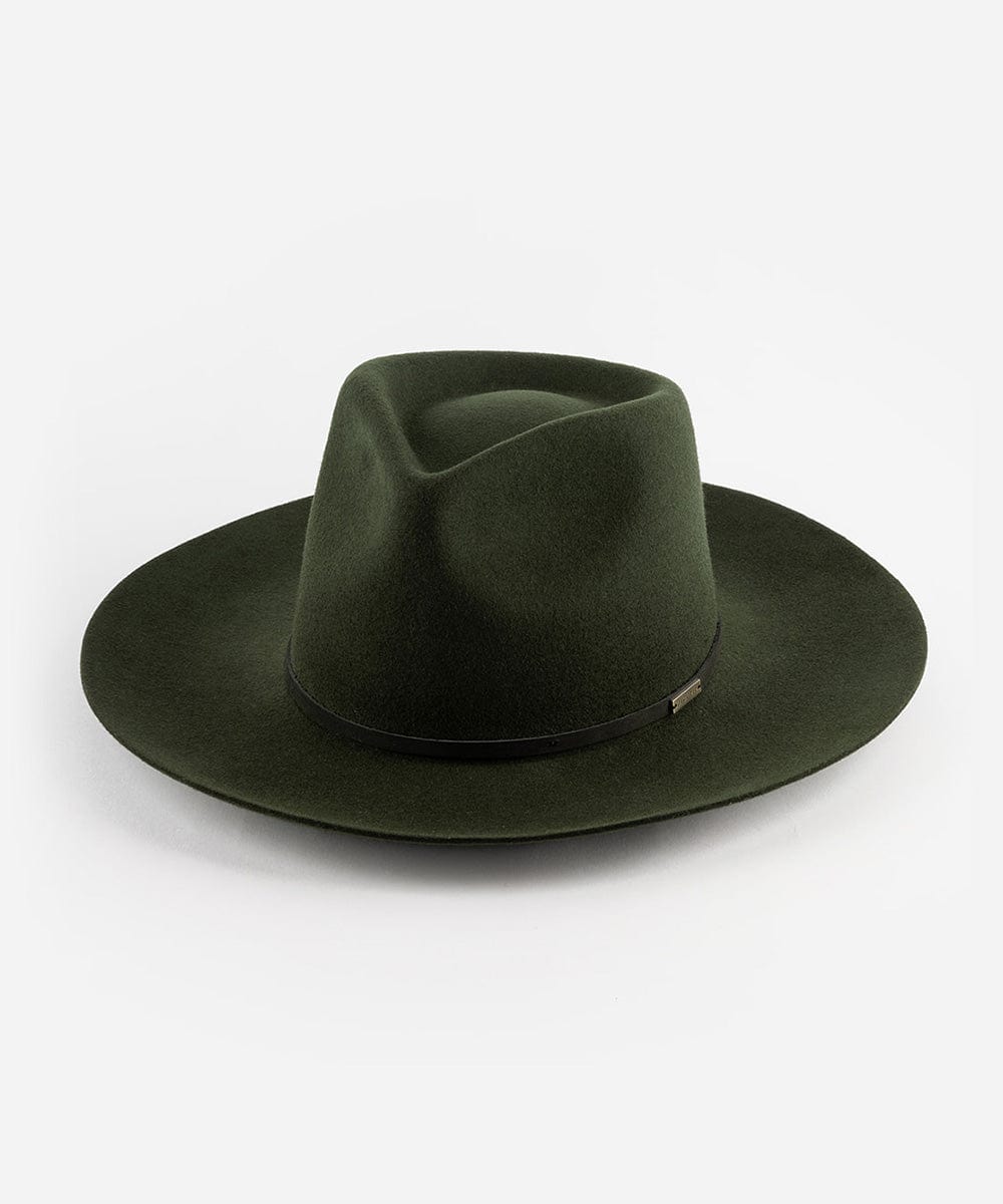 A dark green Rowan Wide Brim Fedora hat with an attached leather band on a white background. #color_dark green