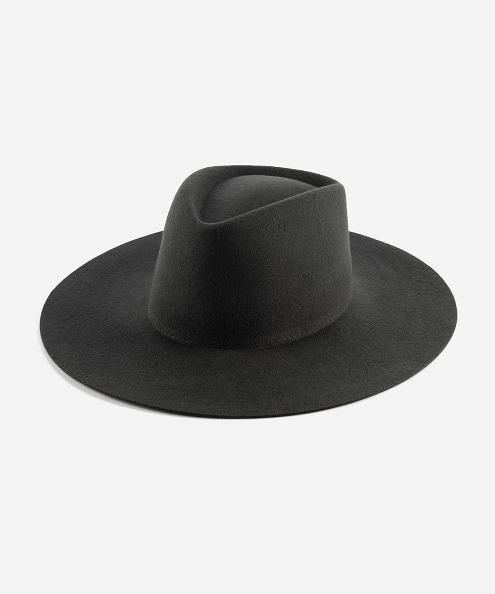A dark grey wide brim felt hat with a triangle crown, flat brim, and no visible embellishments. #color_dark grey