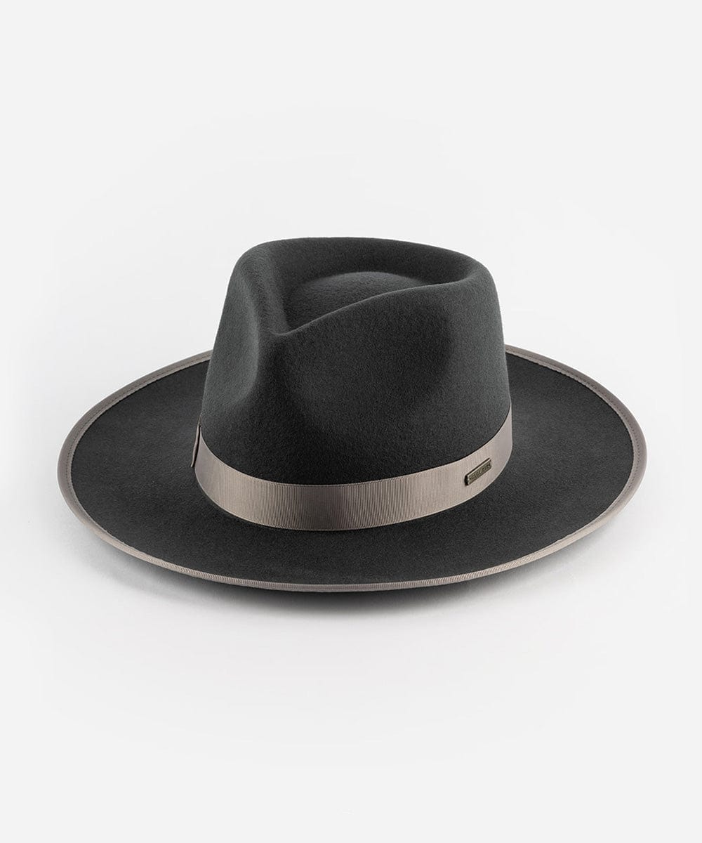 Dark Grey fedora hat with a leather band on a white background #color_dark grey