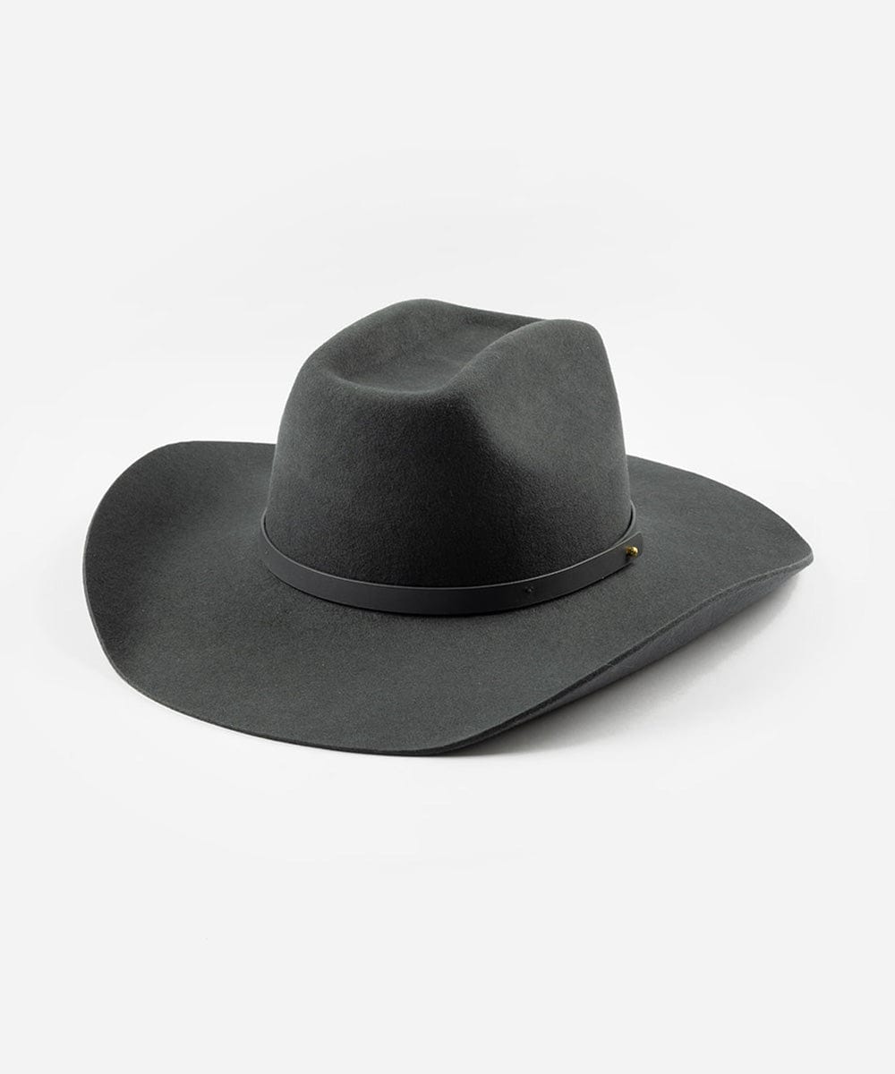 A dark grey cowboy hat with an upturned brim and an attached leather band, displayed against a white background. #color_dark grey