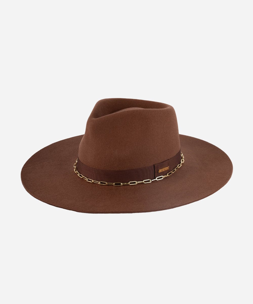 A dark oak colored wide brim fedora hat with a gold chain detail around the base of the crown against a plain background #color_dark oak