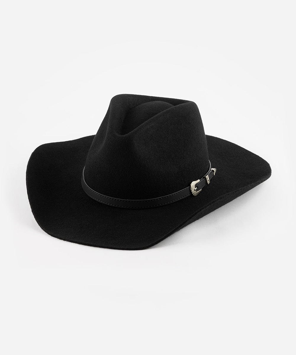 A black cowboy hat with a pinched crown and an attached leather band with a silver buckle. #color_black