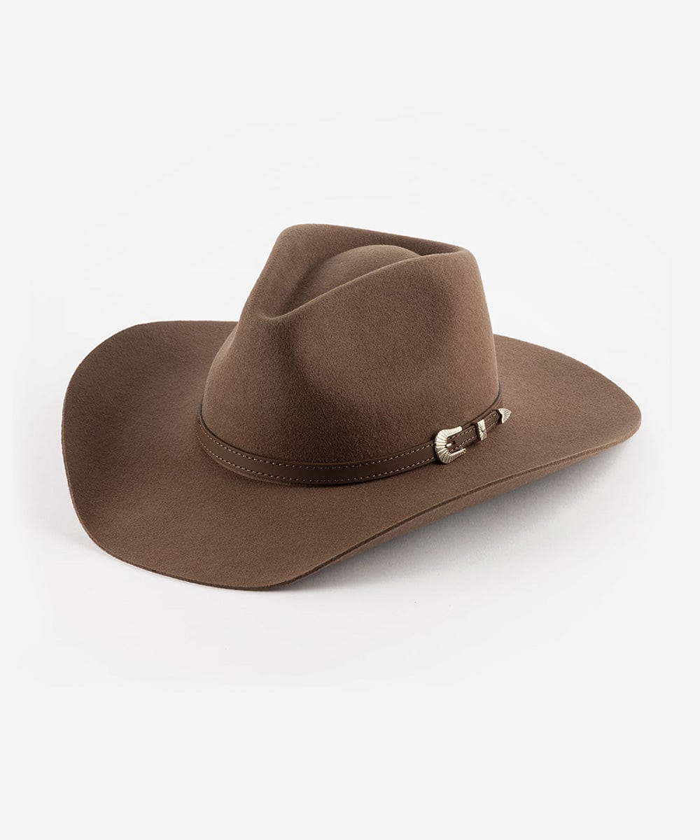 A brown cowboy hat with a pinched crown and an attached leather band with a silver buckle. #color_chocolate