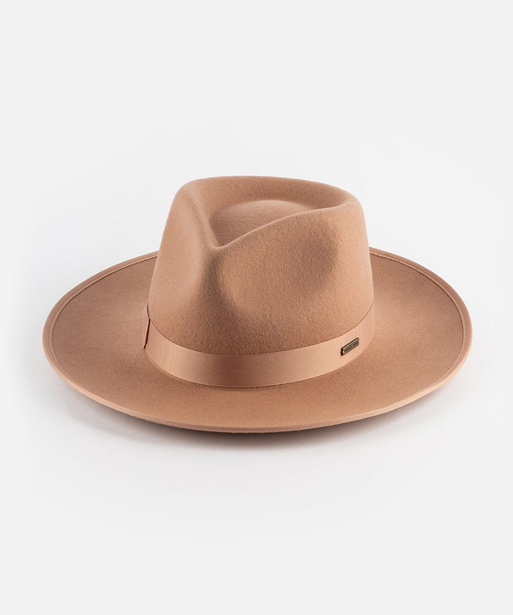 Pink fedora hat with a leather band on a white background #color_dusty pink
