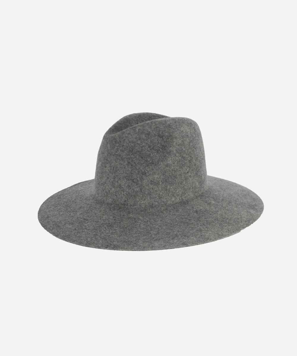 A grey wide brim fedora hat on a plain background #color_grey