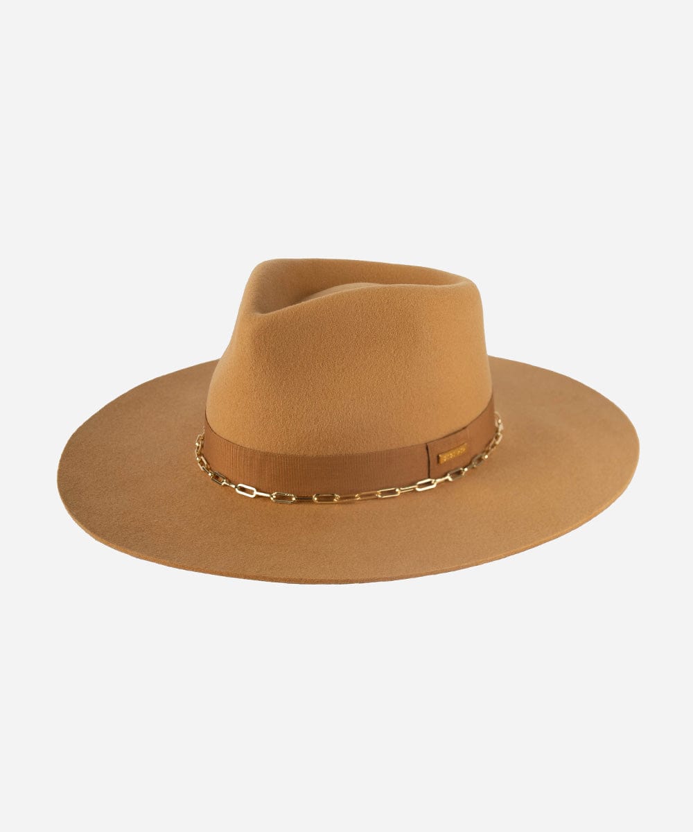 A honeycomb colored wide brim fedora hat with a gold chain detail around the base of the crown on a plain background #color_honeycomb