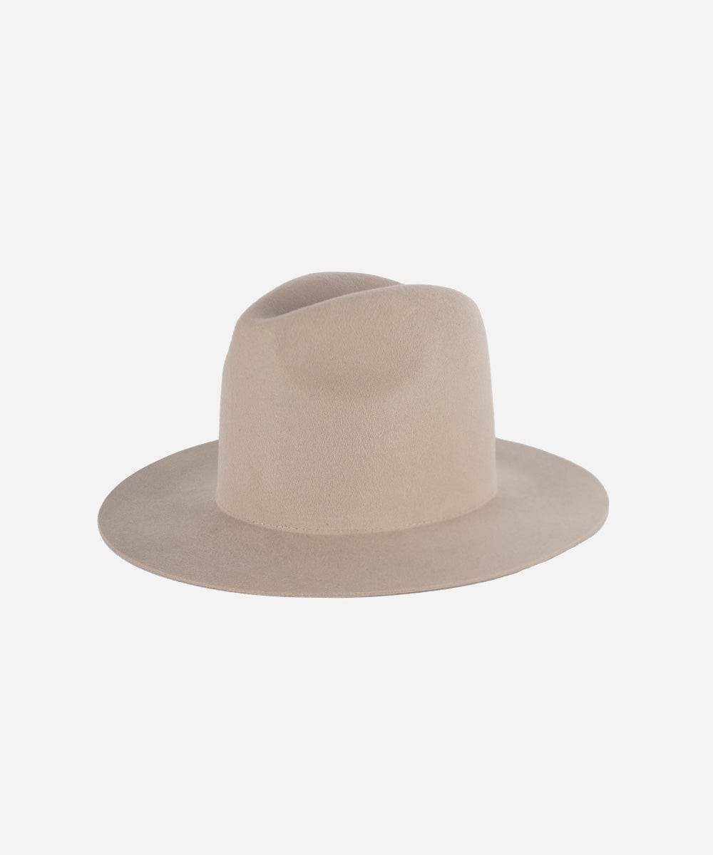 A tall crown ivory colored fedora hat with a flat brim, displayed on a plain background #color_ivory