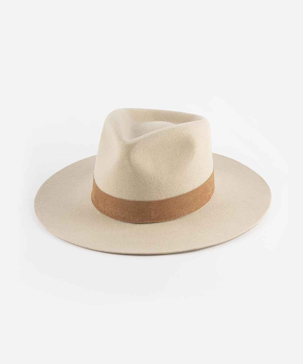 Ivory colored fedora hat with a brown band on a white background #color_ivory