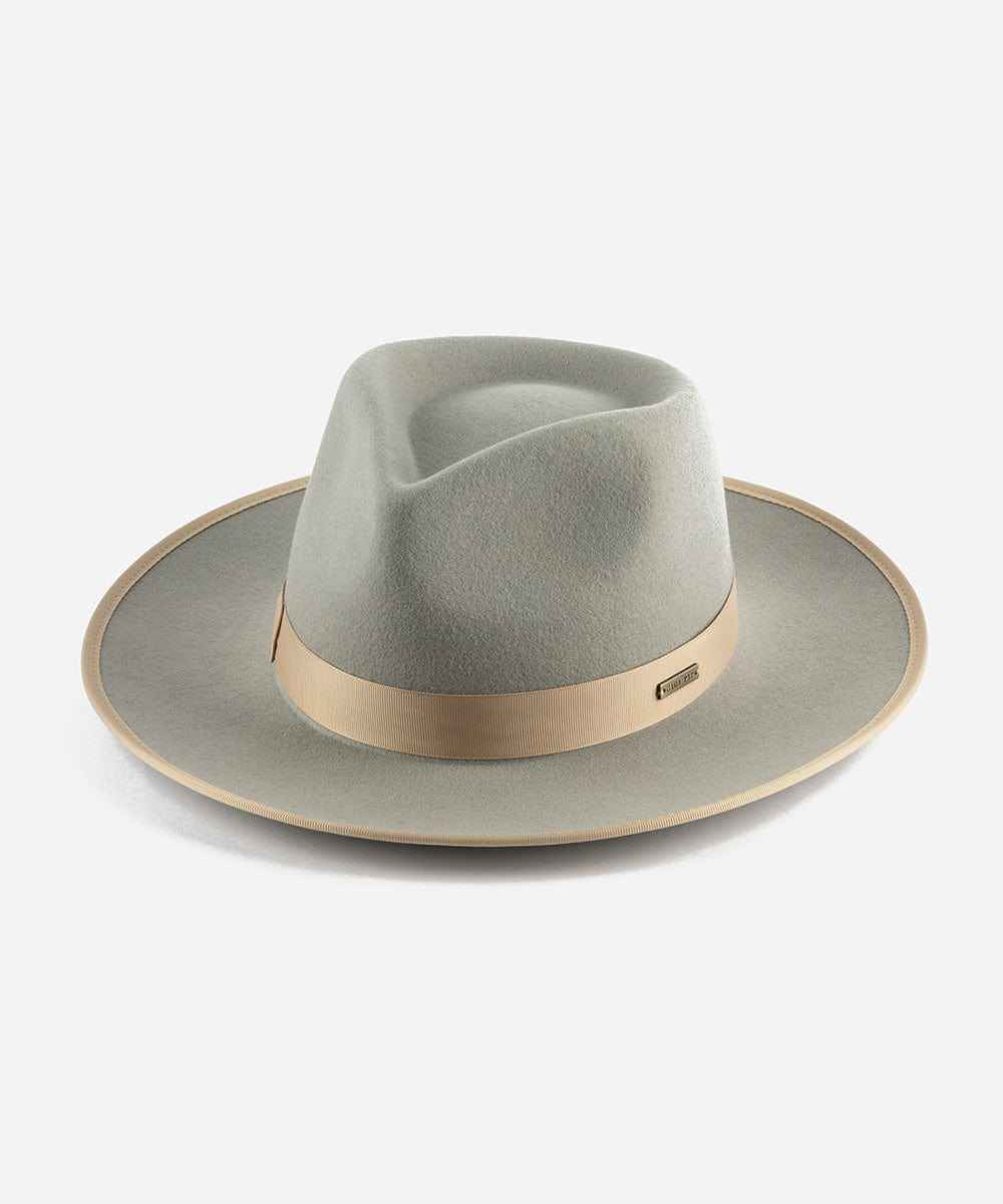 Light Grey fedora hat with a tan band on a white background #color_light grey-tan