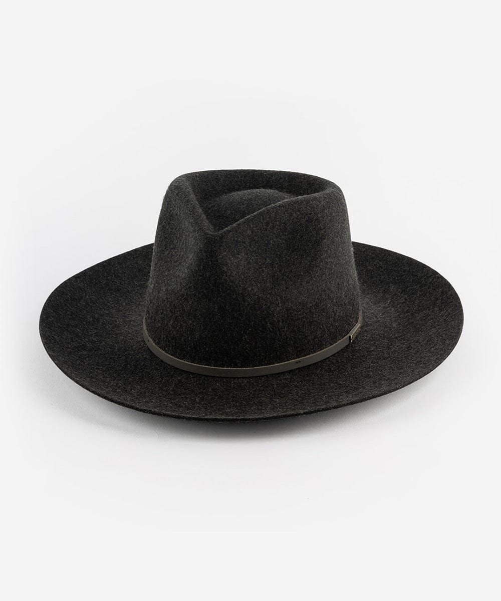 A mix charcoal colored Rowan Wide Brim Fedora hat with an attached leather band on a white background. #color_mix charcoal