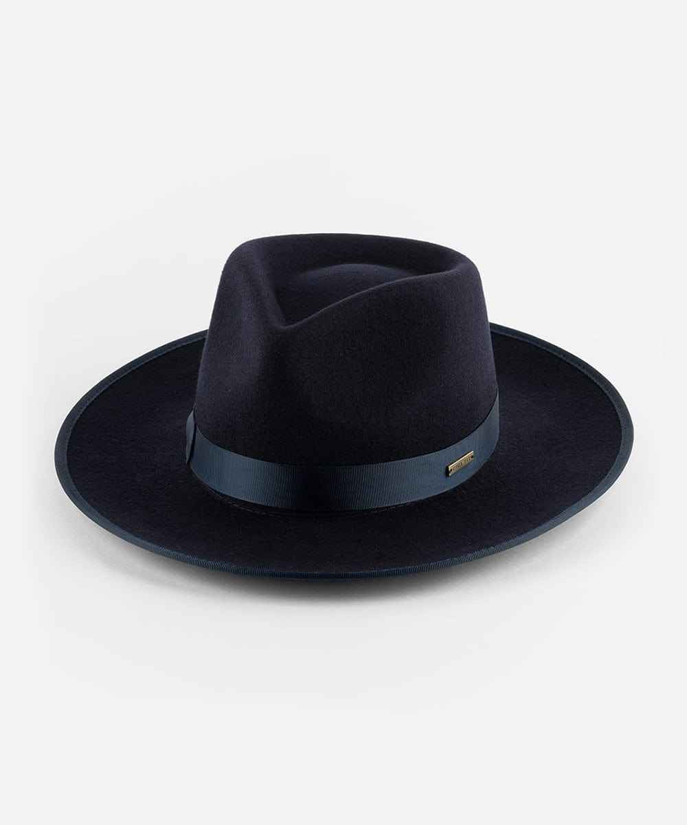 Navy blue fedora hat with a leather band on a white background #color_navy