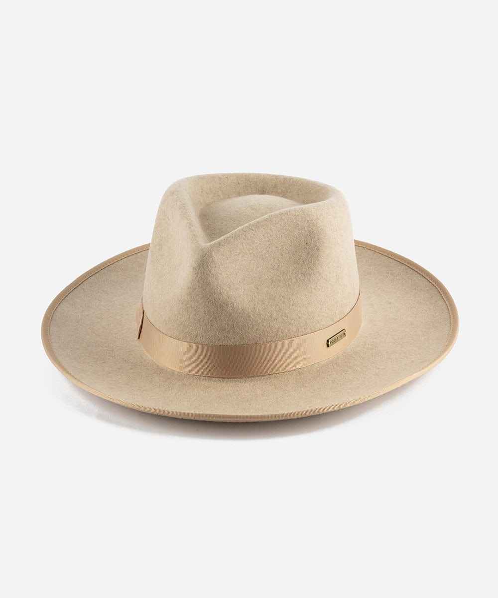 Beige fedora hat with a brown band on a white background #color_oatmeal