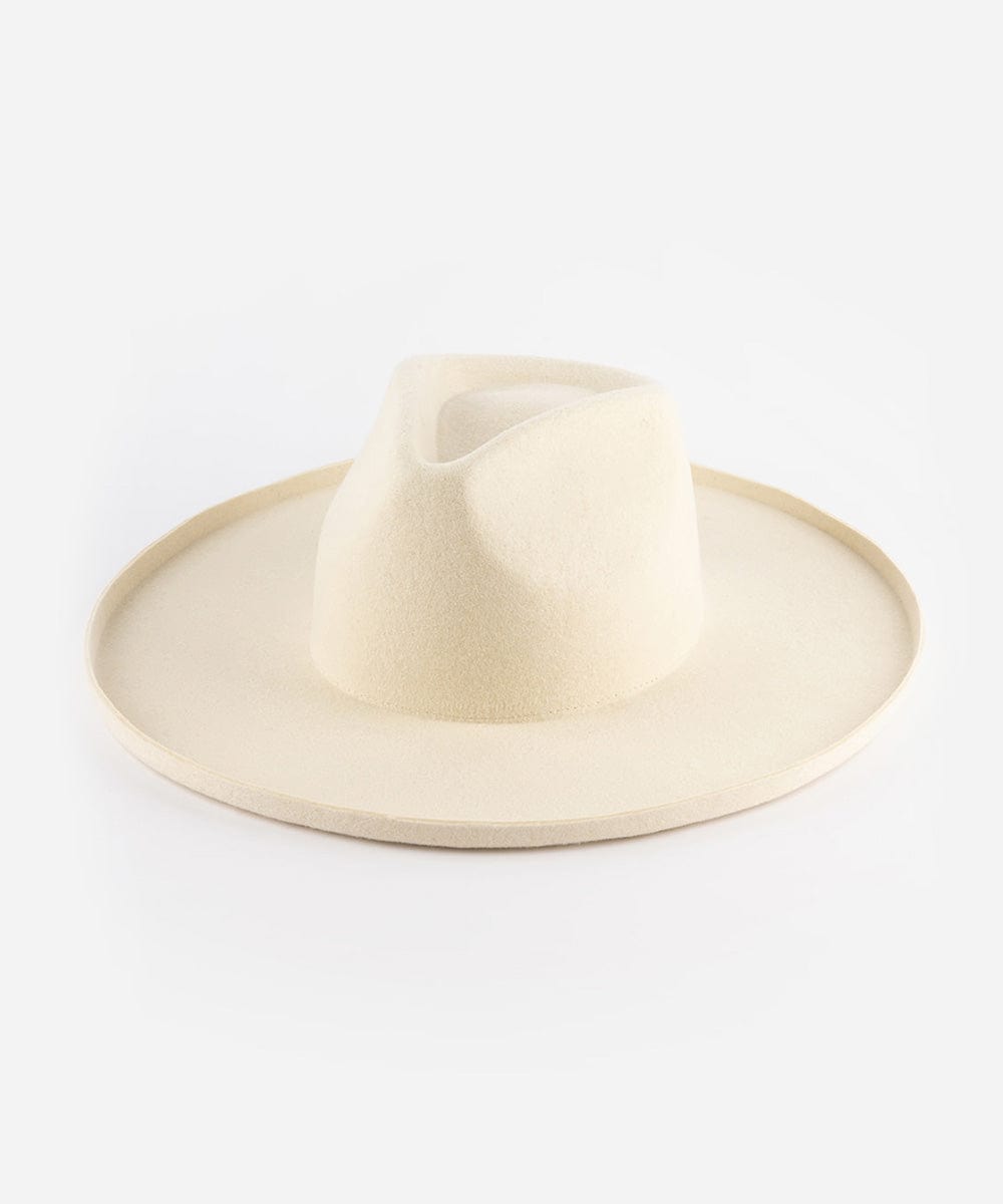 An off white pencil brim fedora hat with a wide brim, displayed on a plain background. #color_off white