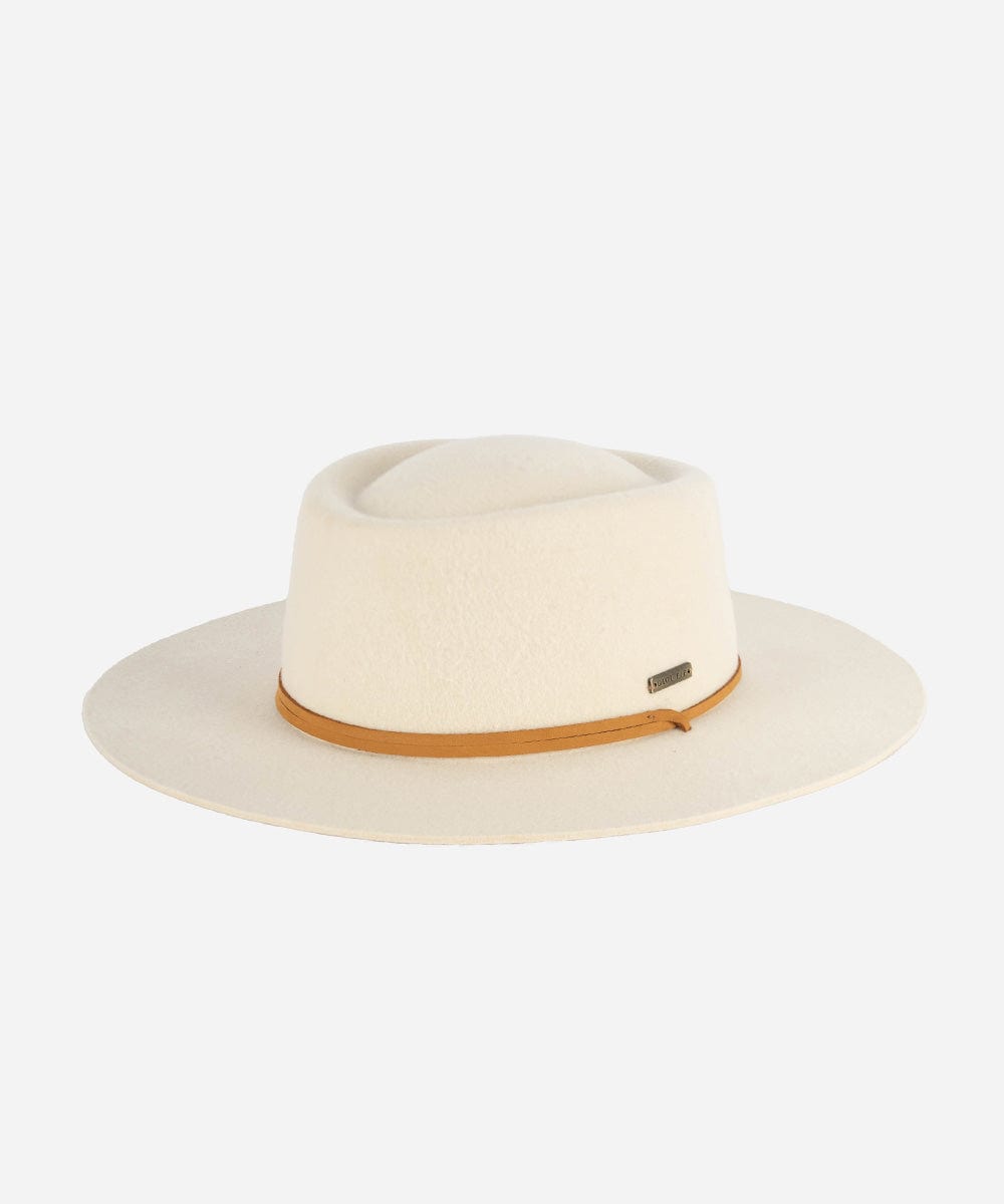 An off white flat-brimmed felt hat with an adjustable leather chinstrap. #color_off white