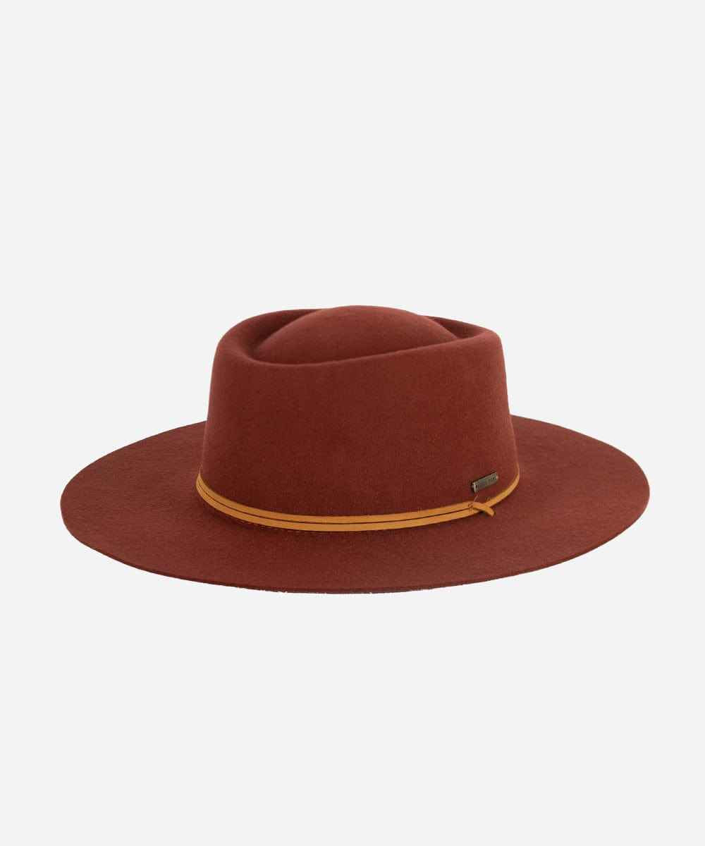 A rusty red colored hat with a yellow band on a white background #color_rusty red