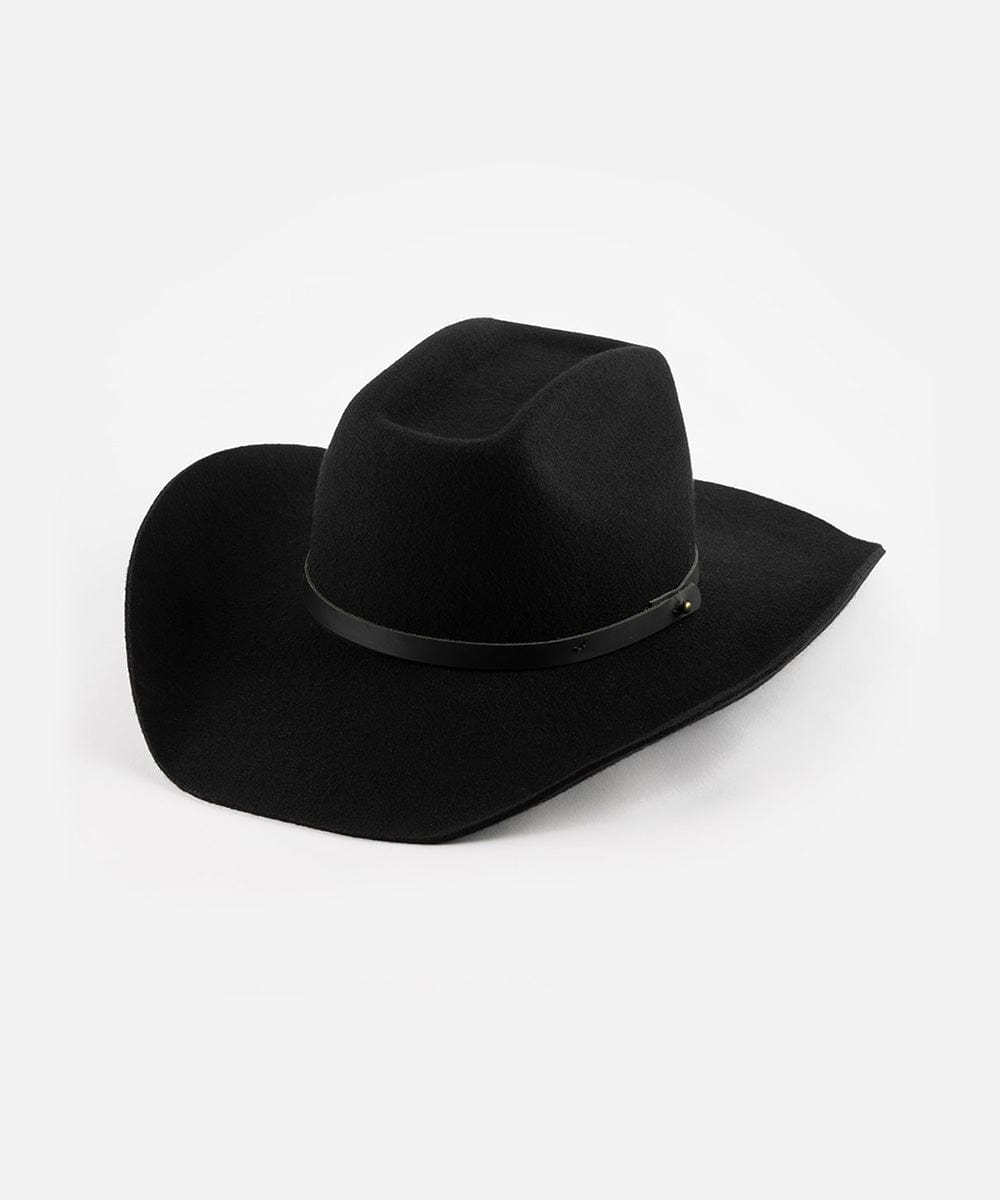 A black cowboy hat with an upturned brim and an attached leather band, displayed against a white background. #color_black