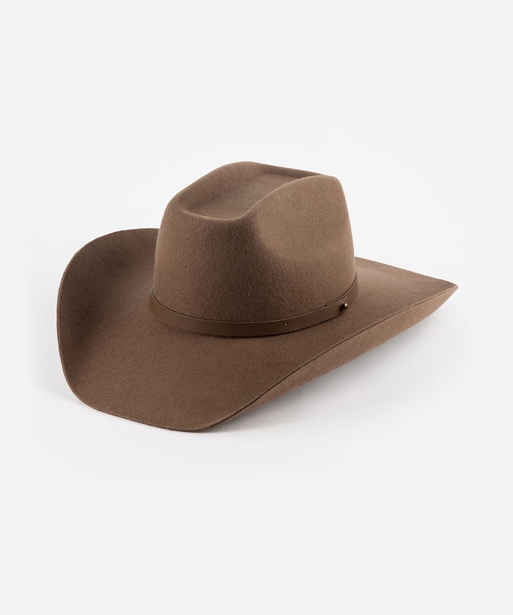 A brown cowboy hat with an upturned brim and an attached leather band, displayed against a white background. #color_chocolate