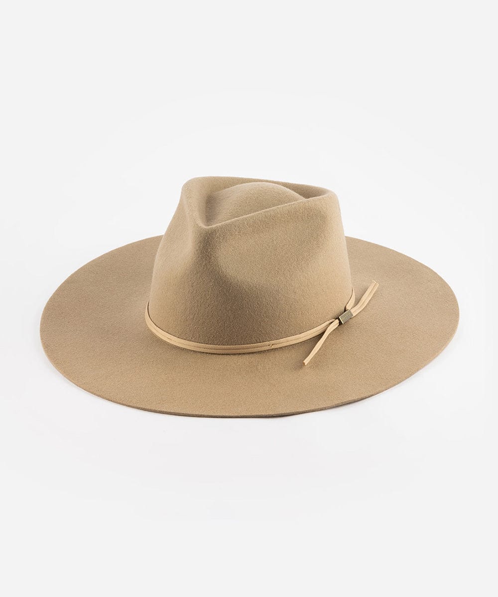 A tan Emery Teardrop Fedora Hat with a wide flat brim and a tonal grosgrain ribbon band. #color_tan