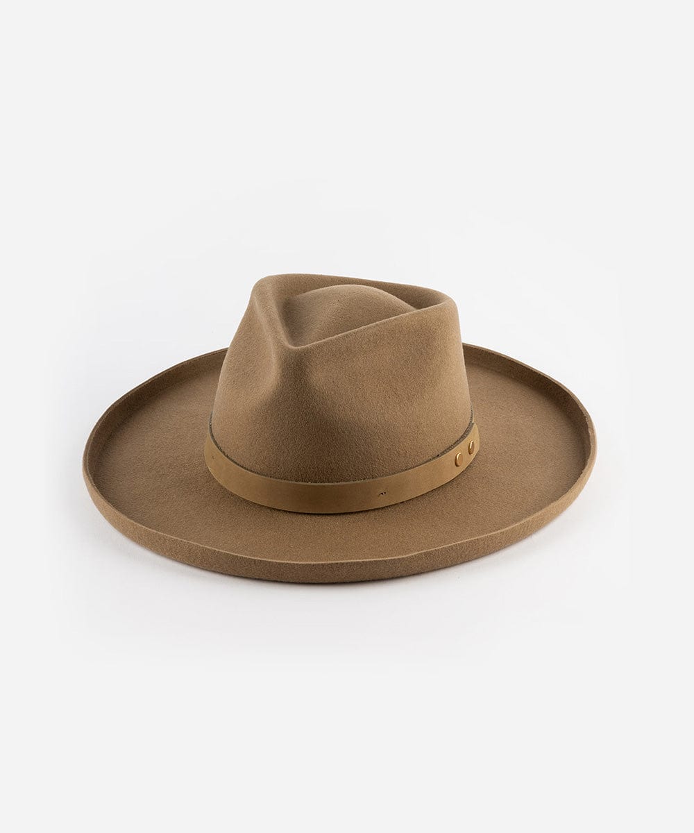 A tan felt fedora hat with a soft oiled leather band, displayed against a white background. #color_tan