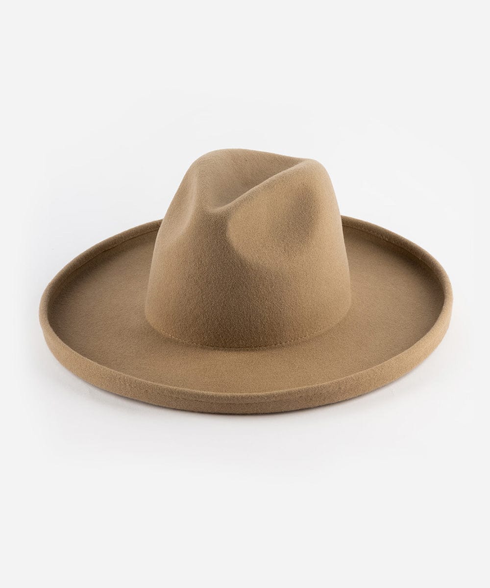 A tan wide brim felt fedora hat with a flat crown and even brim. #color_tan