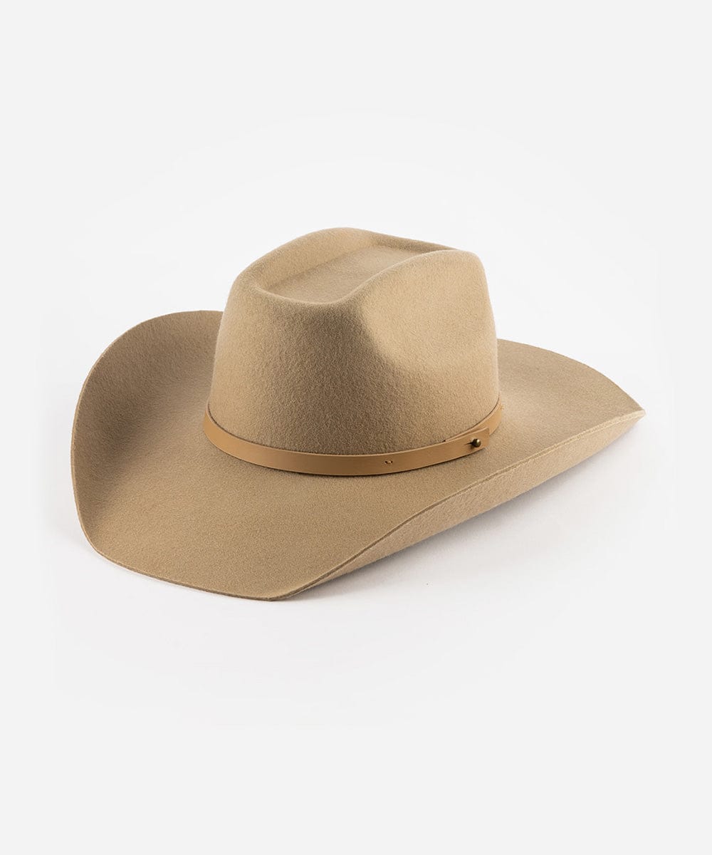 A tan cowboy hat with an upturned brim and an attached leather band, displayed against a white background. #color_tan