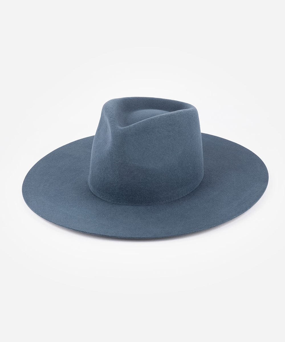 A vintage blue Wesley Wide Brim Fedora hat made of Australian wool, displayed on a plain background. #color_vintage blue
