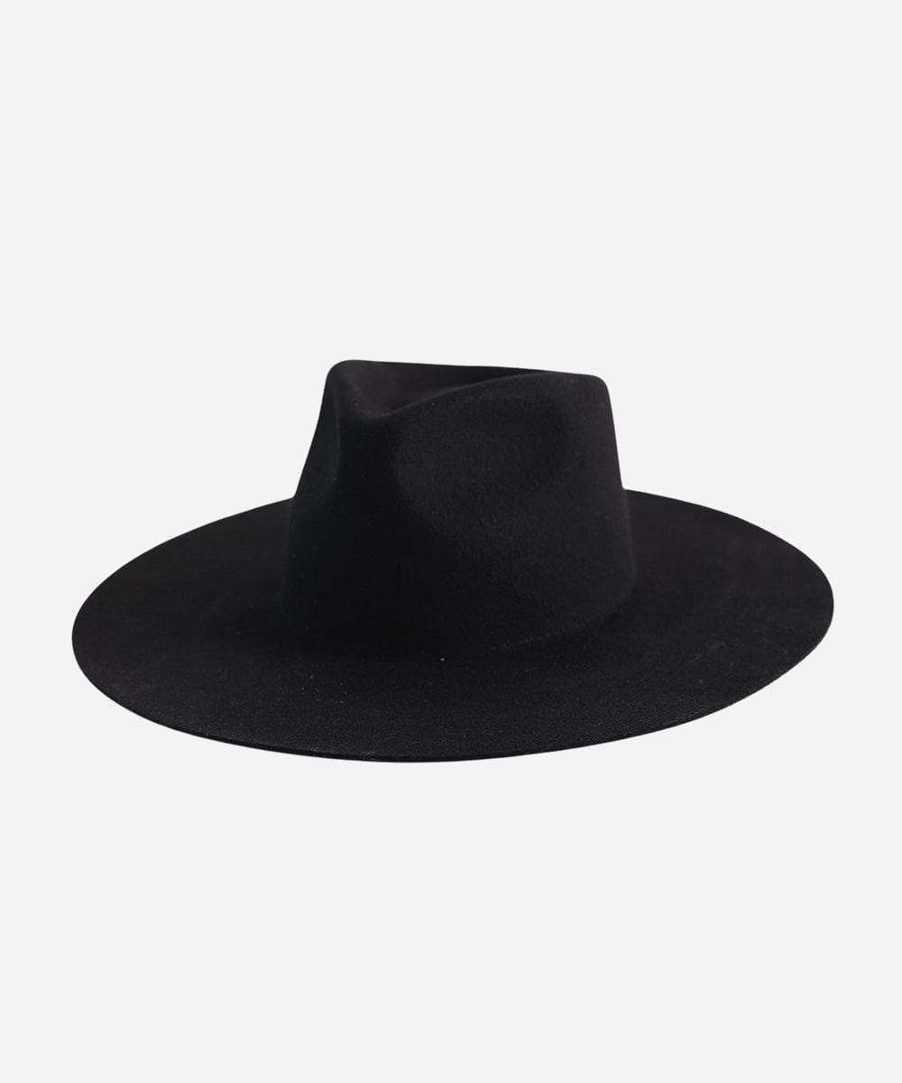 A black Wesley Wide Brim Fedora hat made of Australian wool, displayed on a plain background. #color_black