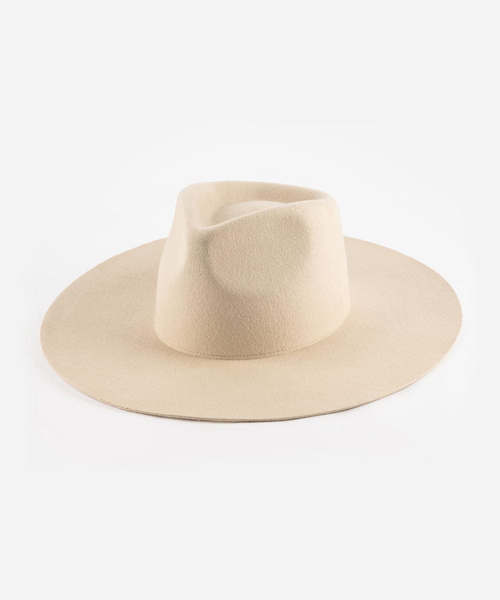 A cream Wesley Wide Brim Fedora hat made of Australian wool, displayed on a plain background. #color_cream