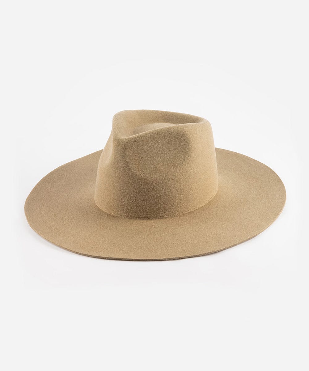 A tan Wesley Wide Brim Fedora hat made of Australian wool, displayed on a plain background. #color_tan