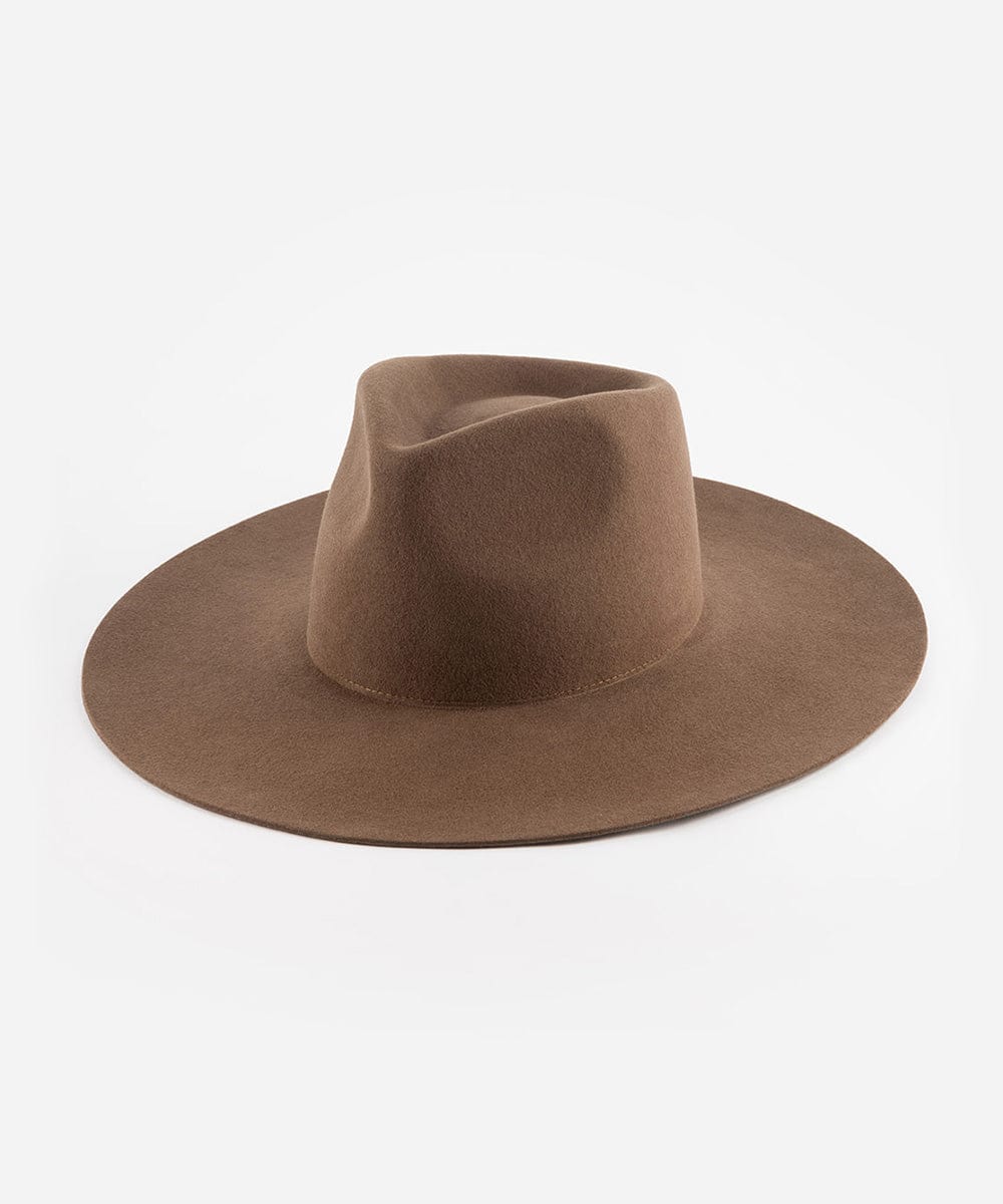 A chocolate colored Wesley Wide Brim Fedora hat made of Australian wool, displayed on a plain background. #color_chocolate