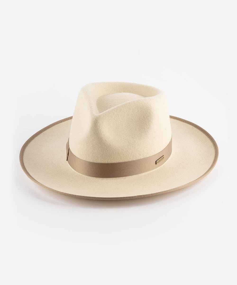 White fedora hat with a brown band on a white background #color_white taupe
