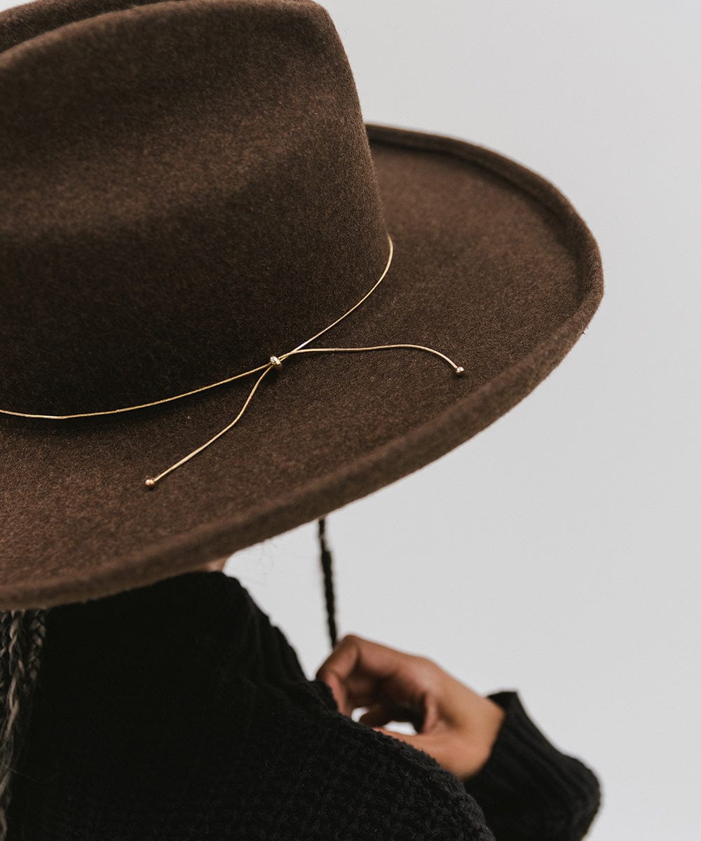 A close-up image of a brown hat with a gold chain bolo hat band against a plain background #color_gold