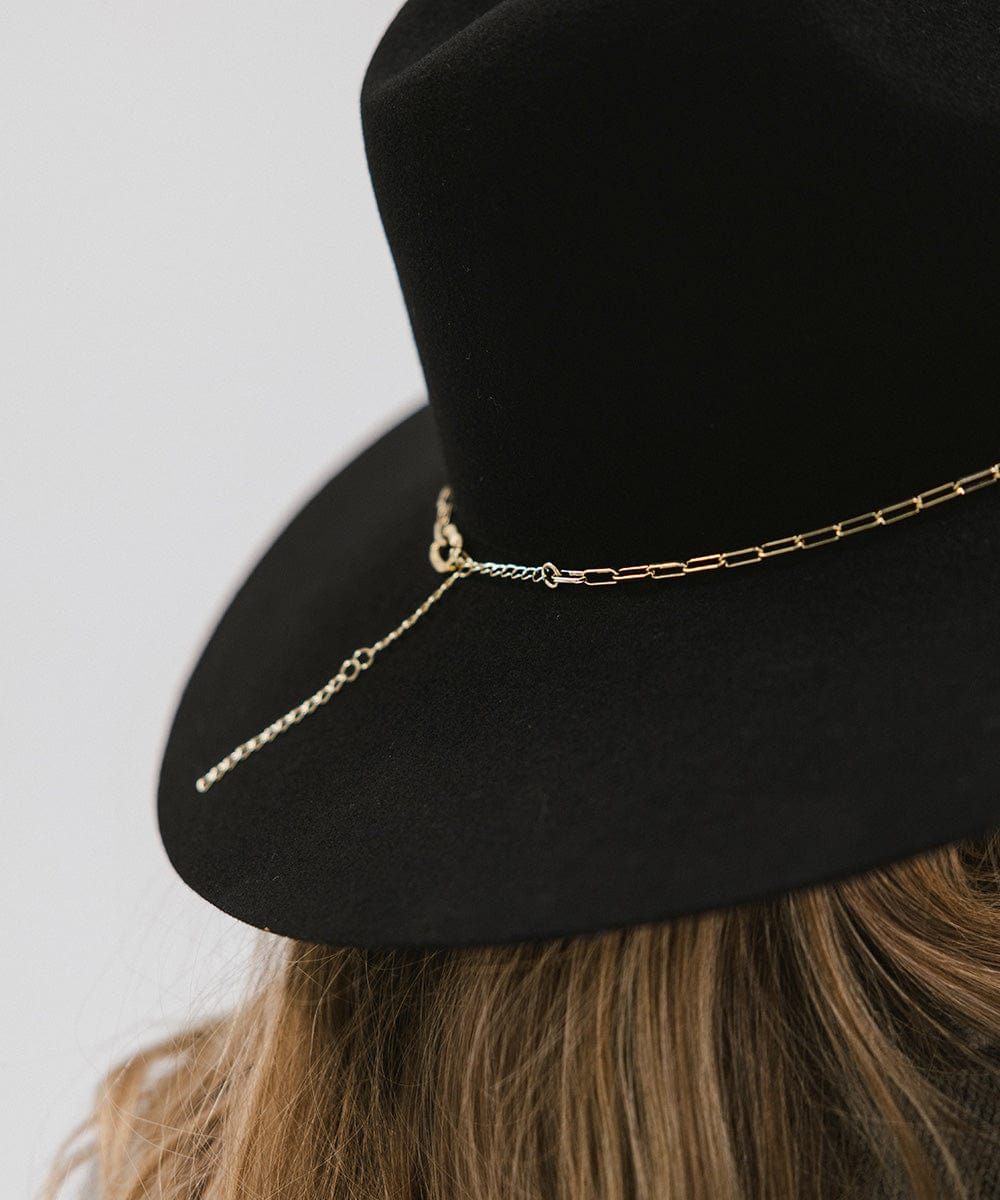 Close up image of a black wide brim hat with a gold paperclip chain hat band #color_gold