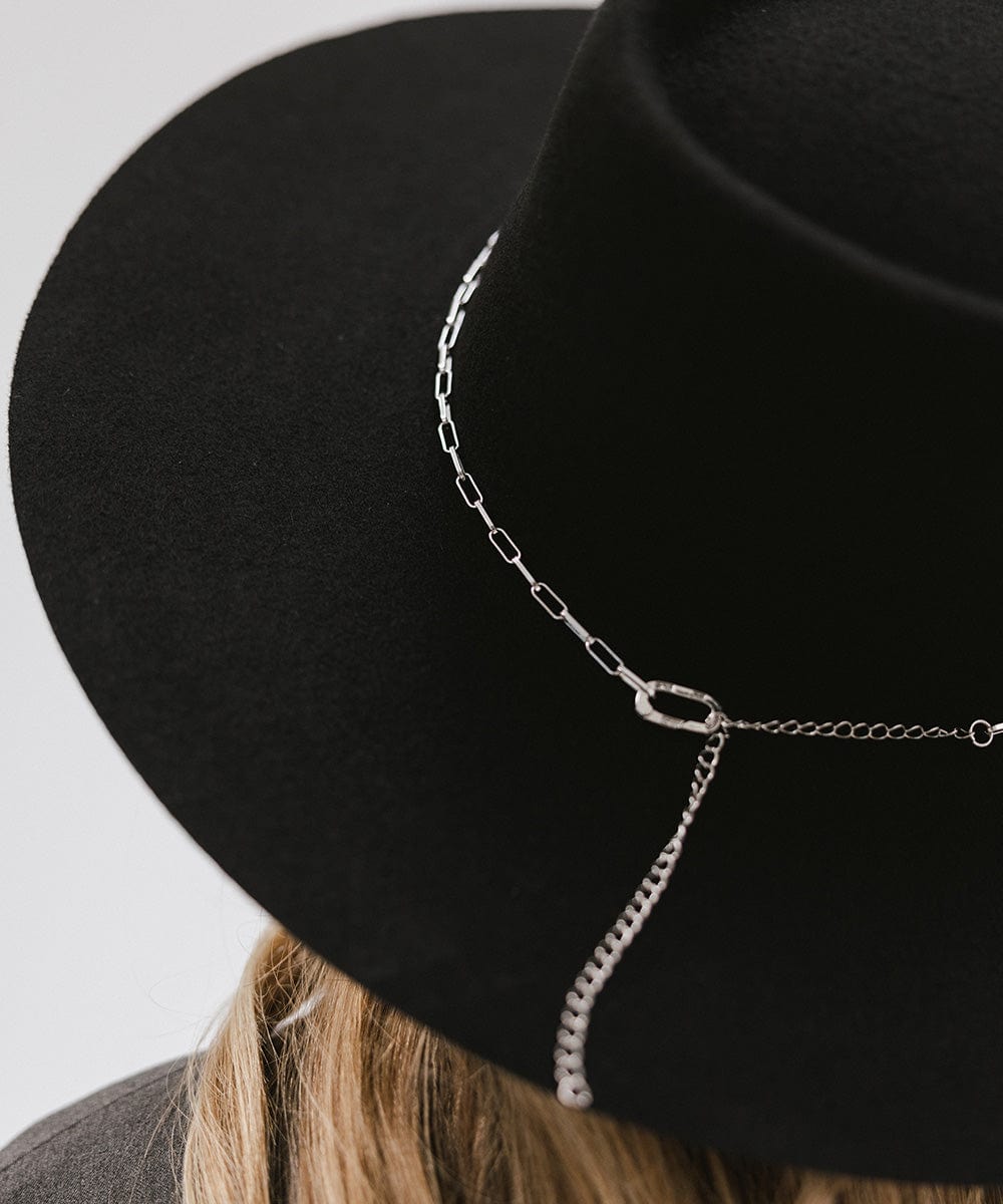 Close up image of a black wide brim hat with a silver paperclip chain hat band #color_silver
