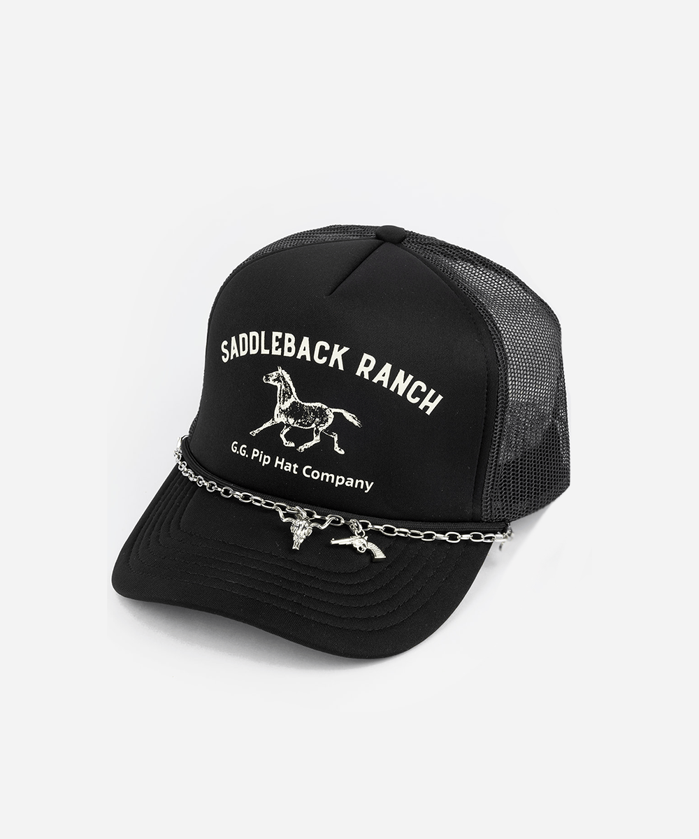 Black trucker hat with 'Saddleback Ranch' and horse design and silver chain on a white background #color_silver