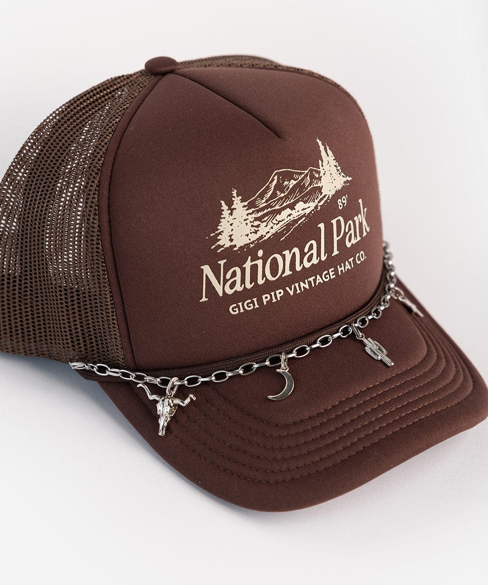 A brown cap with a logo and the text 'National Park' and 'GIGI PIP VINTAGE HAT CO.', with a silver trucker link chain band with hat charms on a plain background #color_silver
