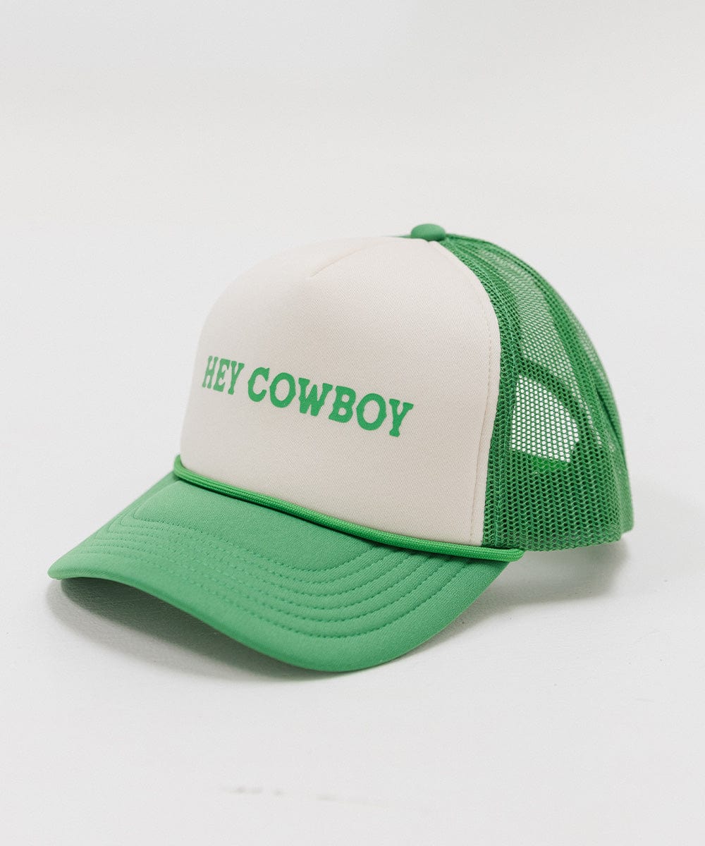 A cream and vintage green cap with 'Hey Cowboy' text on a white background #color_cream-vintage green
