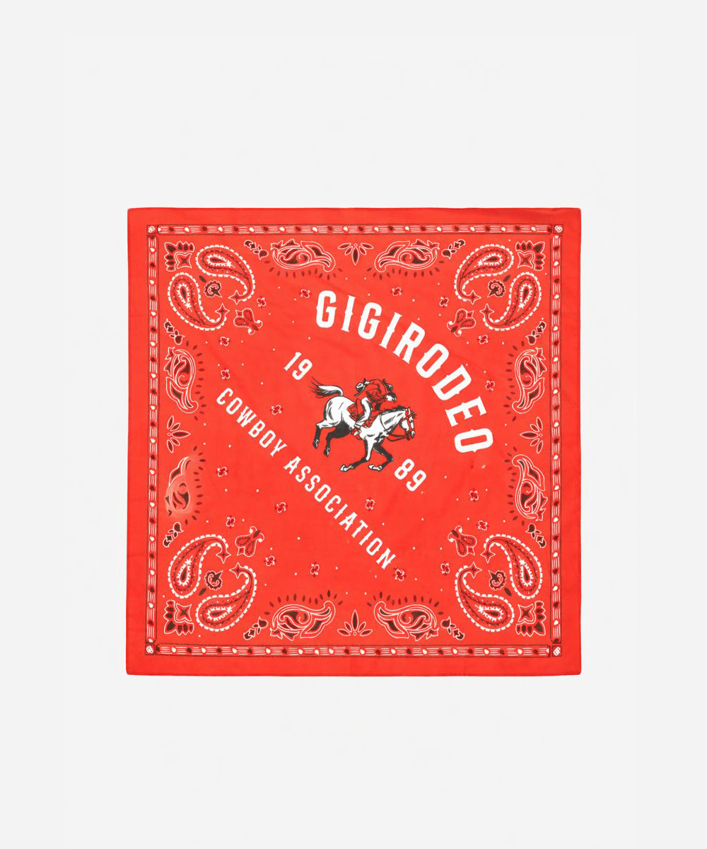 Red bandana with white paisley patterns and 'GigiRodeo' branding on a white background #color_red