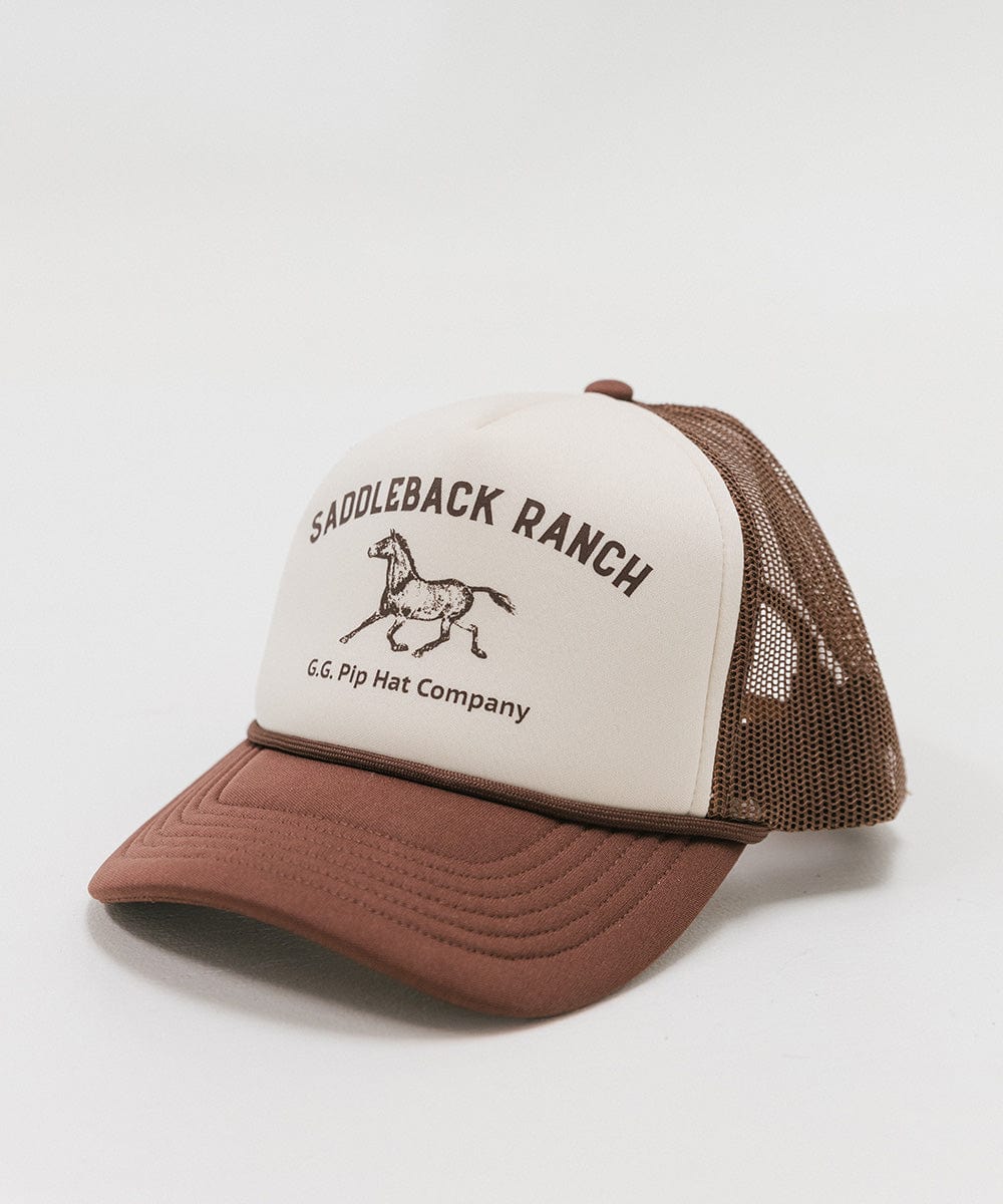 A cream and chocolate brown cap with 'Saddleback Ranch' text and logo on a white background #color_cream - chocolate brown