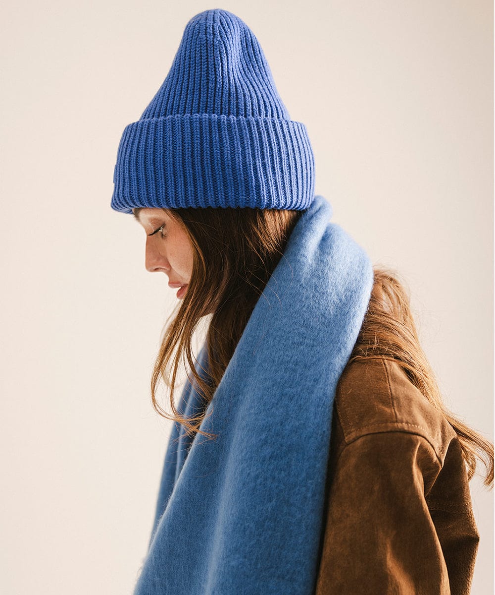 Person wearing a blue knit beanie and scarf with a neutral background #color_alpine blue