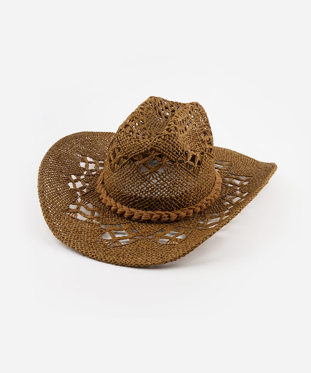 A honey colored paper rope straw cowboy hat with a classic cattleman crown and a wide brim featuring large venting details for airflow. #color_honey