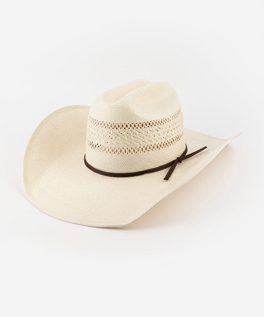 A classic white waxed paper straw cowboy hat with a traditional cattleman crown and a dark band around the base.