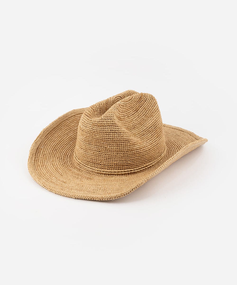 A natural colored straw cowboy hat with a classic cattleman crown and a stiff brim on a white background #color_natural