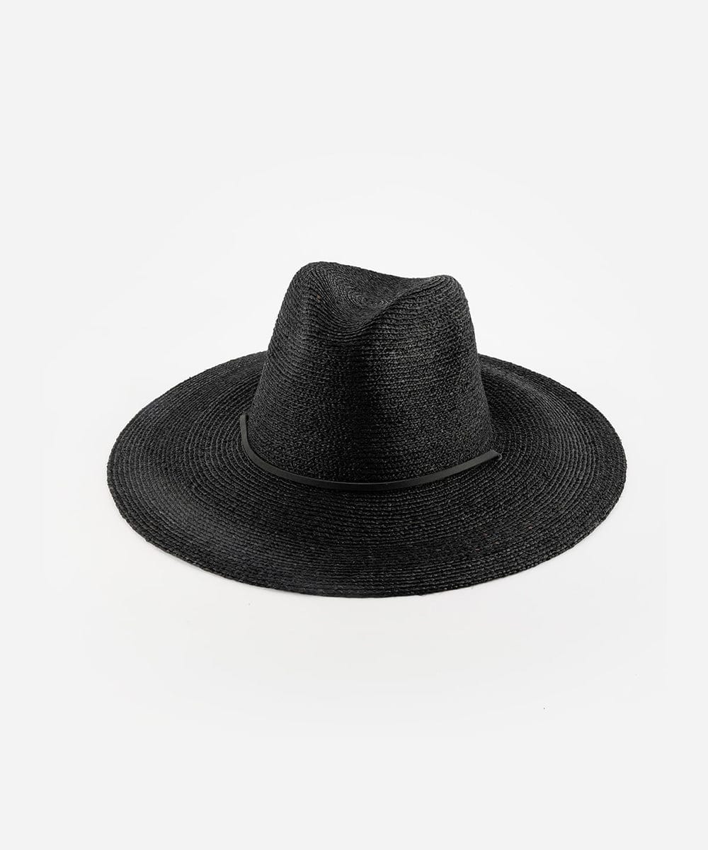 A black straw hat with a wide brim and an adjustable band on a white background  #color_black