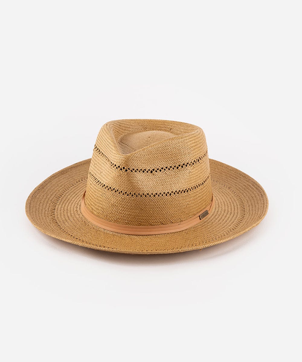 A honey colored fedora straw hat with a hat band on a white background #color_honey