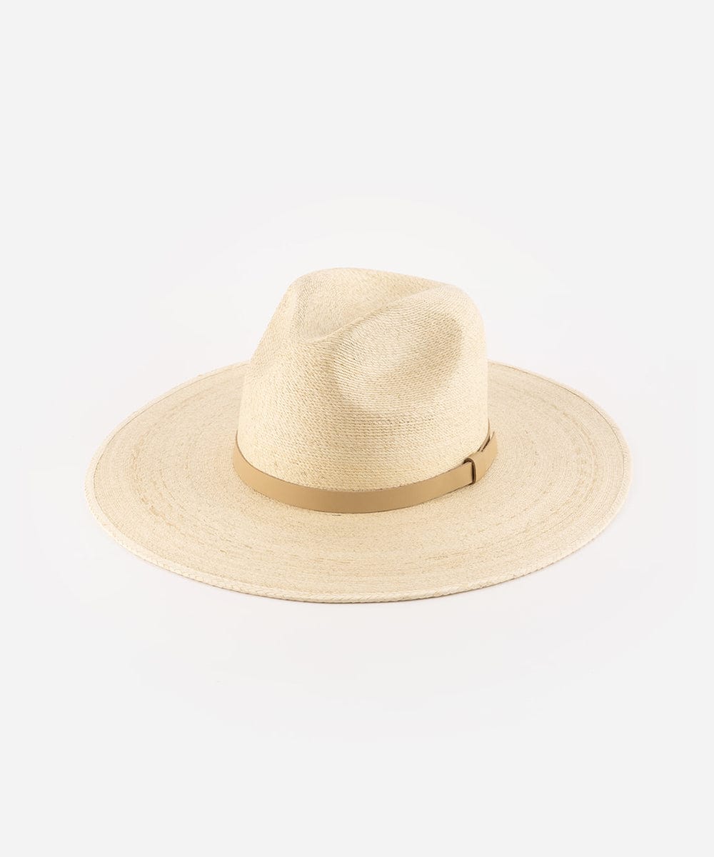 A natural colored Blake Wide Brim Fedora Hat with a flat wide brim and a tonal genuine leather band, displayed against a plain background. #color_natural