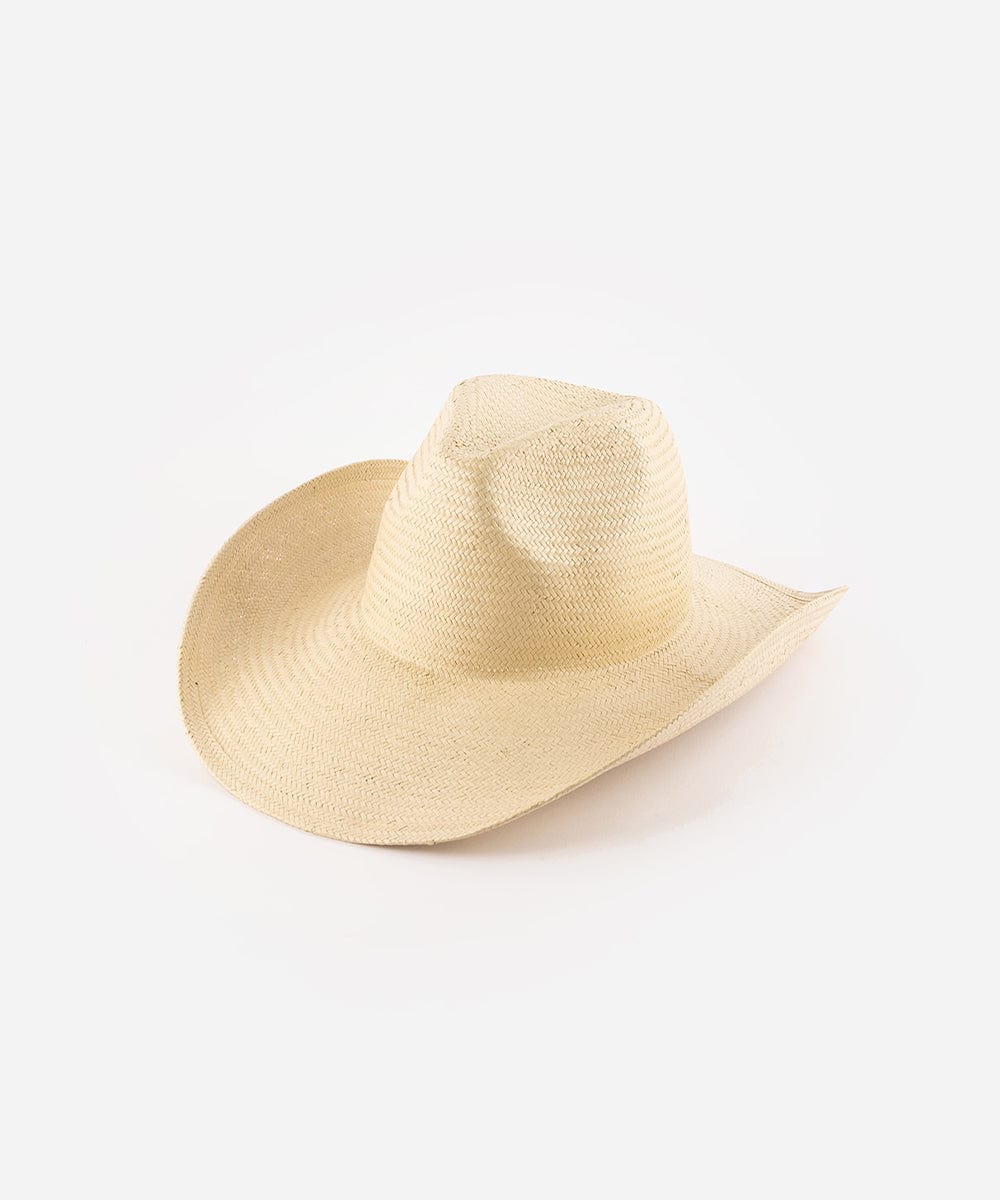 A natural colored straw cowboy hat with a fedora crown and a rolled western brim, displayed on a white background. #color_natural